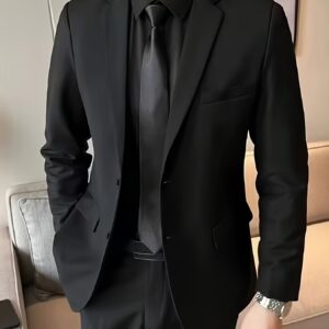 Men'S Elegant Dark Brown Double-Breasted Blazer - Slim Fit, Long Sleeve, Polyester, All-Season Jacket for Formal & Casual Occasions, No Scarf, Formal Attire|Sleek Lapel|Polyester Fabric