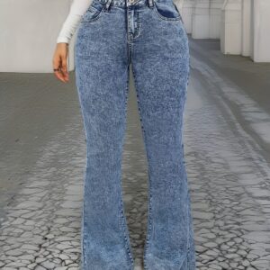 Plain Bootcut Washed Blue Casual Style Zipper Button Closure Denim Pants, Women's Denim Jeans & Clothing