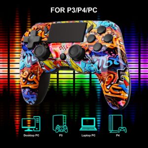 Wireless Game Controller with Graffiti Design, 600mAh Long Battery Life, Wireless, Motion Sensing, Ergonomic Grip for PS3, PS4, PC - Vibrant Colors, Rechargeable Lithium-Polymer Battery, Pc Gaming Peripheral | Vibrant Design | Multifunctional Device