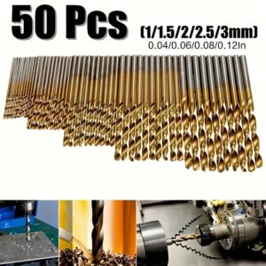 50pcs Titanium Coated High-Speed Steel Drill Bit Set - High-Quality 135° Point, Suitable for DIY Crafts, Woodworking, Engraving, and Jewelry Making, Sizes 1/25" to 1/8", Metal Cylindrical