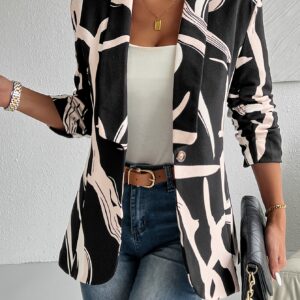 Lightweight Design] Elegant Geometric Print Blazer for Women - Chic Notched Collar, Long Sleeve, Polyester & Elastane Blend, Machine Washable - Stylish Black, White & Beige Outerwear