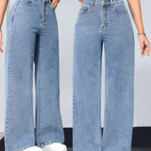 Women's Elegant Blue High-Waisted Wide Leg Denim Jeans - Stretchy, Comfortable, and Stylish with Slash Pockets, Perfect for Casual Outings, Allseason Jeans | Button Closure | Polyester Jeans