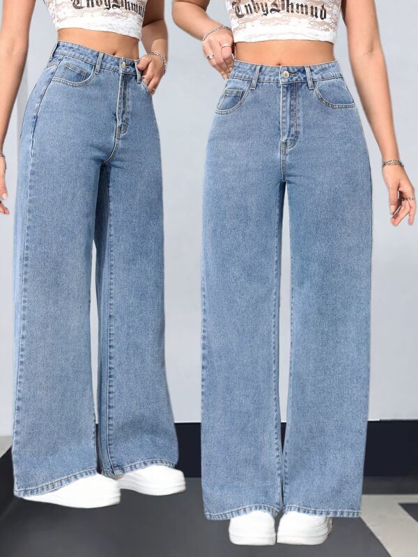Women's Elegant Blue High-Waisted Wide Leg Denim Jeans - Stretchy, Comfortable, and Stylish with Slash Pockets, Perfect for Casual Outings, Allseason Jeans | Button Closure | Polyester Jeans