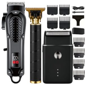 3pcs Men's Hair Clipper and Trimmer Set - Golden, USB Rechargeable with LCD Display, Includes Electric Razor and T-Blade Trimmer, Ideal for Home & Barber Shop Use, Perfect Christmas Gift