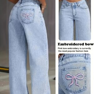 Women's High-Waisted Wide Leg Jeans with Embroidered Bow Detail, Light Blue Denim, Casual Loose Fit, Machine Washable, Comfortable Casual Attire