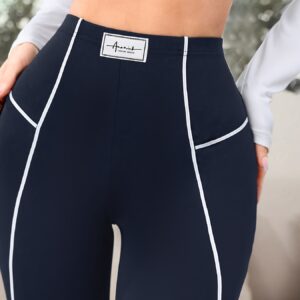 1pc Women'S Plus Size Casual High-Waisted Leggings, Polyester Stretch Knit Fabric, Solid Color with Contrast Piping, Comfortable Elastic Waistband, Athletic Tights for Outdoor Fitness and Daily Wear