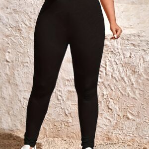 Plus Size High Waist Leggings for Women, Casual Stretchy Polyester Spandex Blend, Solid Color Skinny Knit Pants for All Seasons
