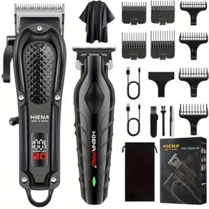 HIENA PRO Men's Electric Hair Clipper Set - Sleek Black Beard Trimmer with LCD Display, T-Blade, USB Rechargeable, 1500mAh Lithium Battery, Includes Multiple Comb Attachments for Styling & Grooming - Ideal Gift