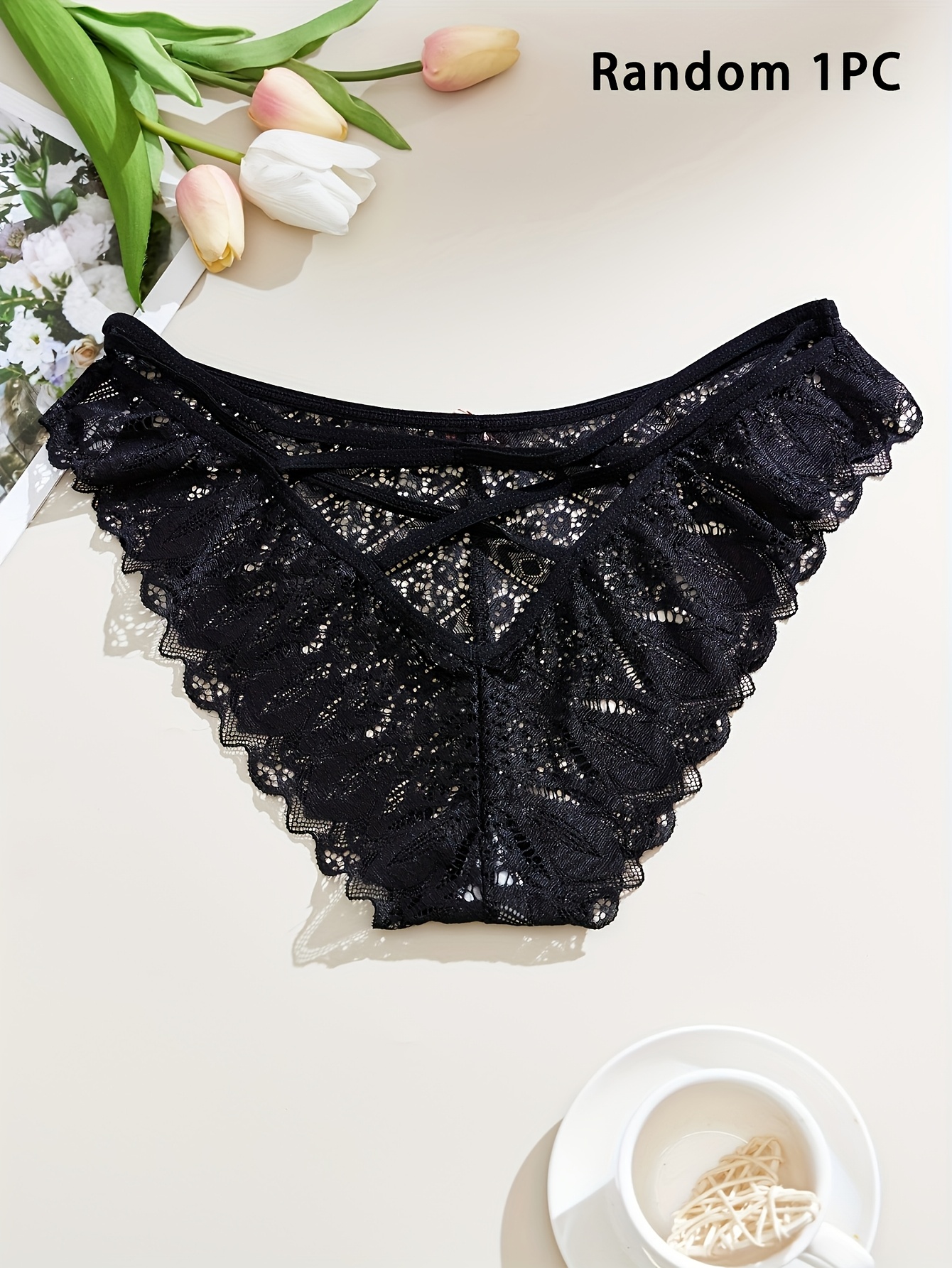 1-Pack Women's Plus Size Underwear - High Elasticity Breathable Lace Trim Sexy Cross-Over Detail Triangle Cut Random Color (Black/Red/White/Pink) - Soft Stretch Comfort for Casual Attire, Plus Size Lingerie, Elegant Lingerie Style, Highelasticity Fabric - Image 5