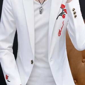 Men's Casual Slim-Fit Blazer | Polyester Suit Jacket with Floral Embroidery | Notched Lapel, Long Sleeves | Button Details | Ideal for Spring/Autumn | Dry Clean Only, Stylish Formal Attire | Notched Lapel Design | Smooth Texture Fabric