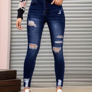 Elegant Ripped Skinny Jeans for Women, High Stretch Rayon/Viscose Blend, Solid Color High-Waisted Denim Pants, Woven Fabric, 78g/m² - Spring/Summer Collection