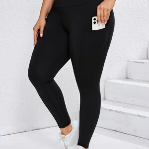 Elegant Plus-Size Leggings with Side Pockets, Stretch Polyester and Elastane Blend, Solid Color, Machine Washable - Ideal for Spring/Summer/Fall