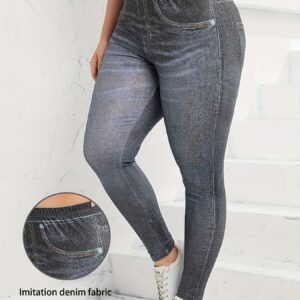 Plus Size All Over Print Faux Denim Leggings, Casual High Waist Stretchy Leggings For Spring & Summer, Women's Plus Size Clothing