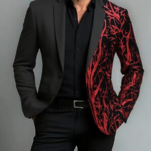 Men'S Black Sequin Lightning Tree Suit - Festive Party & Wedding Attire, Long Sleeve, Single-Breasted, Regular Fit, All-Season Jacket with Red & White Plant Patter