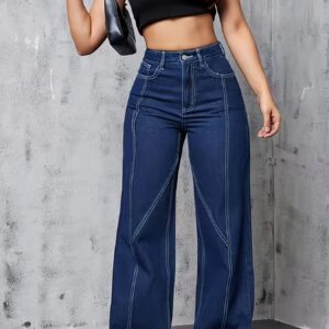 Women's High-Waist Wide-Leg Jeans - Stretch Denim in Dark Blue with Slant Pockets, Casual & Versatile, Machine Washable, Versatile Clothing|Highwaist Jeans|Durable Denim