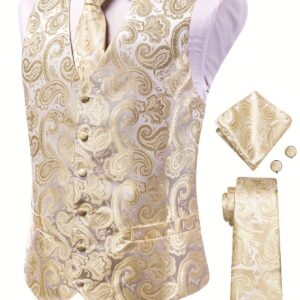 Men'S Elegant V-Neck Polyester Vest Set with Tie, Handkerchief & Cufflinks for Wedding Party - All-Season Motif Cachemire Pattern, Regular Fit, Woven Fabric, Button Detail