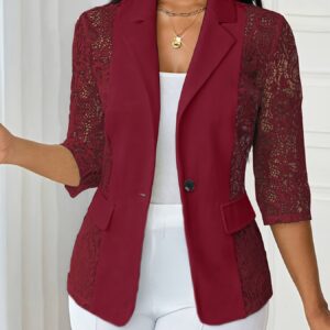 Women'S Elegant Maroon Floral Lace Blazer - Three Quarter Length Sleeve, Button-Up with Decorative Pockets, Perfect for Spring/Fall, Spring Fashion Jacket|Floral Pattern Jacket|Single Button Placke