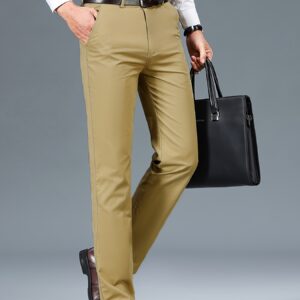 Men's Light Business Cotton Dress Pants - Straight Leg, Olive Green, 100% Cotton, Perfect for Office or Casual Outings