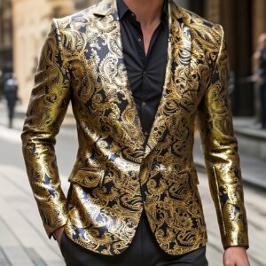 Men's Golden Paisley Graphic Print Blazer, Casual One Button Lapel Suit Jacket For Spring Fall Business Banquets, Parties, Outdoor Cloth