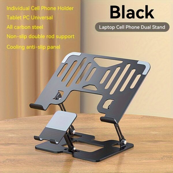 2-in-1 Adjustable Carbon Steel Stand For Phones, Laptops & Tablets - Foldable, Height-Adjustable With Enhanced Cooling Pad