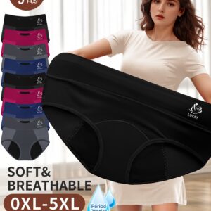 5pcs Assorted Large Size Women'S Soft & Breathable Period Panties - OXL-5XL, Breathable Mesh, Elegant Solid Color, Comfortable Fit for Menstrual Protection, Period Panties|Elegant Underwear|Stretchable Fabric