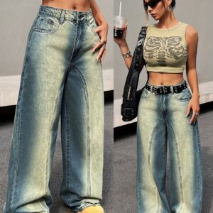 YIWEIDI Women's High-Waist Wide-Leg Jeans - Loose Fit, Non-Stretch Denim with Contrast Detail, Machine Washable