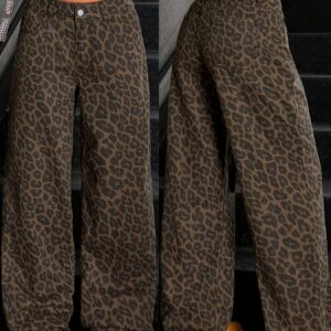 Vintage Leopard Print Straight Leg Jeans - Non-Stretch Polyester, Washed Finish, All-Season Fashion, Casual Loose Fit Jeans|Leopard Print Jeans|Woven Fabric