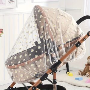 Floral Print Mosquito Net Canopy for Stroller - Large, Durable Polyester Bug-Proof Cover with Black and White Daisy Design, Hand Wash Only, Stroller Covering|Floral Pattern Canopy|Durable Stroller Cover, Stroller Covering