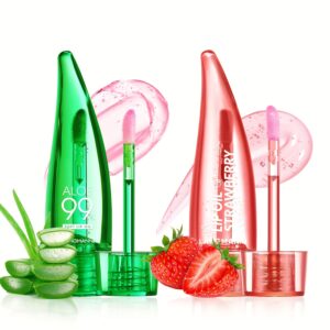 LANGMANNI 2pcs Aloe Vera & Strawberry Moisturizing Color-Changing Lip Oil Set - Natural Look, Liquid Texture, Suitable for All Skin Types
