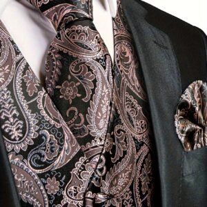 Men's Paisley Graphic Print V Neck Waistcoat & Necktie & Handkerchief & Cufflinks 4-piece Set For Party/wedding/formal Prom