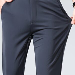 Men'S Relaxed Fit, Navy Blue Dress Pants - Stretchy Spandex Blend, Button-Fly, Mid-Rise, All-Season Workwear, Office Attire|Relaxed Fit Pants|Stylish Waistband