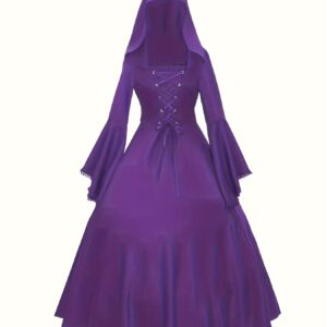 Gothic Style Long Dress, Vintage Hooded Cosplay Costume, Renaissance Medieval Maxi Gown With Lace-Up & And Flared Sleeve, Women's Clothing