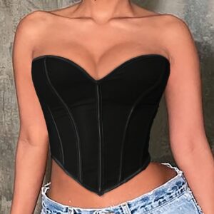 Sexy Backless Corset Top with Fishbone Back Tie - Adjustable Straps & Tummy Control Shapewear for Women, Black Solid Color, Hand Wash Only, Clubwear & Evening Outfits
