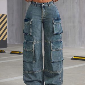 1pc Y2K Inspired Women'S Casual Denim Cargo Pants with Multiple Flap Pockets, Vintage Wash, Non-Stretch Fabric, Solid Pattern, Suitable for All Seasons