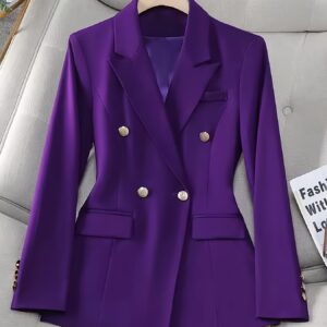 Women'S Elegant Double-Breasted Office Wear Blazer - Vibrant Purple, Long Sleeve, Regular Fit, All-Season Jacket with Golden Buttons and Decorative Button