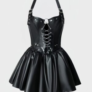 1pc Y2K Style Women'S Faux Leather Corset and Pleated Skirt Set, Sexy Hollow-Out Front with Metal Chain Detail, Cross Lacing Charm, Deep V-Neck, Stretch Fabric, Solid Color, All Seasons