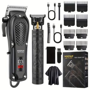 HIENA PRO 2pcs Men'S Hair Clippers and Beard Trimmers Set, USB Rechargeable, Lithium Battery 1500mAh, with Limit Comb and Barber Cloth, for Home Use, Grooming