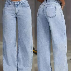 Women'S Light Blue Wide Leg Denim Jeans - Casual Loose Fit with Button Fly, Non-Stretch Fabric, Long Length for Weekend Wear, All-Season Comfort, Jeans for