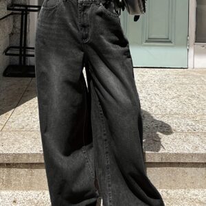 Women'S High-Waisted Wide Leg Jeans - Loose Fit, Effect, Washed Blue Denim, Casual Style, Non-Stretch Fabric, Perfect for Spring/Summer/Fall, Casual Wear Jeans | Highwaisted Jeans | Polyester Blend Jeans