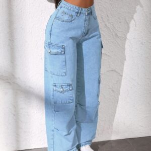 1pc Women's High-Waisted Cargo Jeans, Light Blue Washed Loose Fit, Mid-Stretch Wide-Leg Denim Pants with Multiple Pockets, Casual Style, No Belt, Solid Color, All Seasons