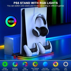 PS5 & PS5 Slim Cooling Stand with RGB LED, Controller Charger, Handle Dock, Disc Storage Slot & Earphone Hook - Durable ABS Material