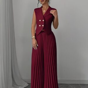 Women's Solid Color Suit with Sleeveless Vest, Double-breasted Pleated Pants with Elastic Waistband, High-end and Elegant Style