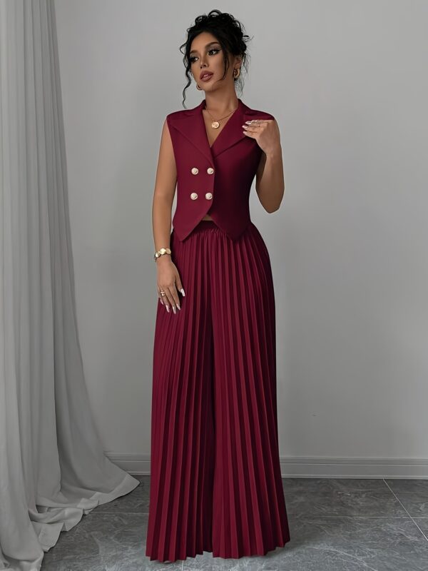 Women's Solid Color Suit with Sleeveless Vest, Double-breasted Pleated Pants with Elastic Waistband, High-end and Elegant Style