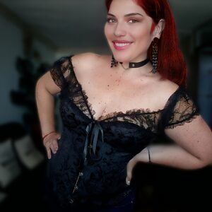 Gothic Style Black Lace Corset Top with Red Hair - Women'S V-Neck Bodycon Dress, Floral Pattern, Non-Stretch Fabric, X-Back Design, Perfect for Adult Costume Parties & Themed Events, Themed Event Attire | Gothic Fashion | Intricate Lace Detailing