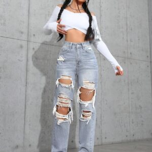 Women'S High-Waisted Ripped Solid Color Washed Denim Jeans - Light Blue, Slim Fit, Non-Stretch Fabric with Raw Hem Detail for Casual Weekend Wear