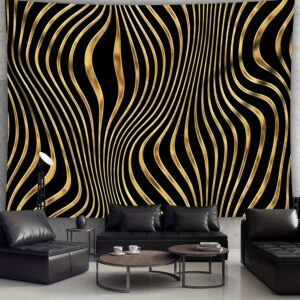 1pc Ultra Large Black and Golden OP Art Tapestry - Stylish Digital Print Polyester Wall Hanging with Hand-Stitched Edges for Living Room, Bedroom, or Office Decor - Includes Free Hanging Clips, Office Decoration | Abstract Design | Durable Texture, Tapestry Wall Hanging