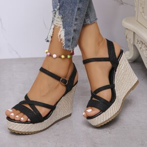 Women's Black Wedge Sandals - Thick Platform Open-Toe Summer Shoes with Ankle Strap, Breathable Fabric Upper & Non-Slip Rubber Sole for Casual Outings, Beach, Office, Ladies Shoes And Sandals, Beach Footwear, Crisscross Ankle Straps, Comfortable Fit