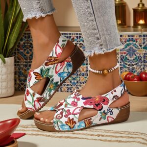 Women's Adjustable Hook-and-Loop Back Strap Floral Print Cross Strap Wedge Sandals - Soft Faux Cover Open-Toe Summer Beach Shoes with Cushioned Insole & PU Sole for Casual Outdoor Comfort, Crisscross Strap Design | Durable Comfort, Strappy Sandals