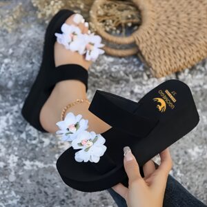Women's Black Floral Slide Sandals - Summer Casual Wedge Heel with White Flower Decor, Open Toe, EVA Sole, Comfortable Outdoor Beach Shoes, Ladies Sandals