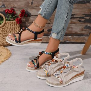 Bohemian Style Espadrille Wedge Sandals for Women - Open Toe, Ankle Strap, High Heel, Comfortable Summer Beach Shoes with Colorful Beaded Accents, Strappy Sandal
